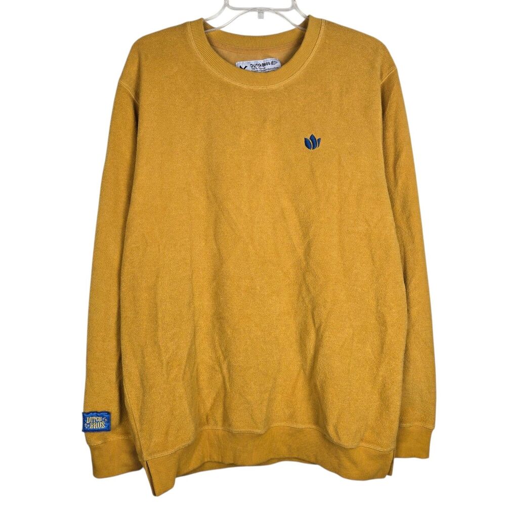 Dutch Bros Crew Neck Sweatshirt Sz L Unisex Embroidered Patch Mustard Yellow